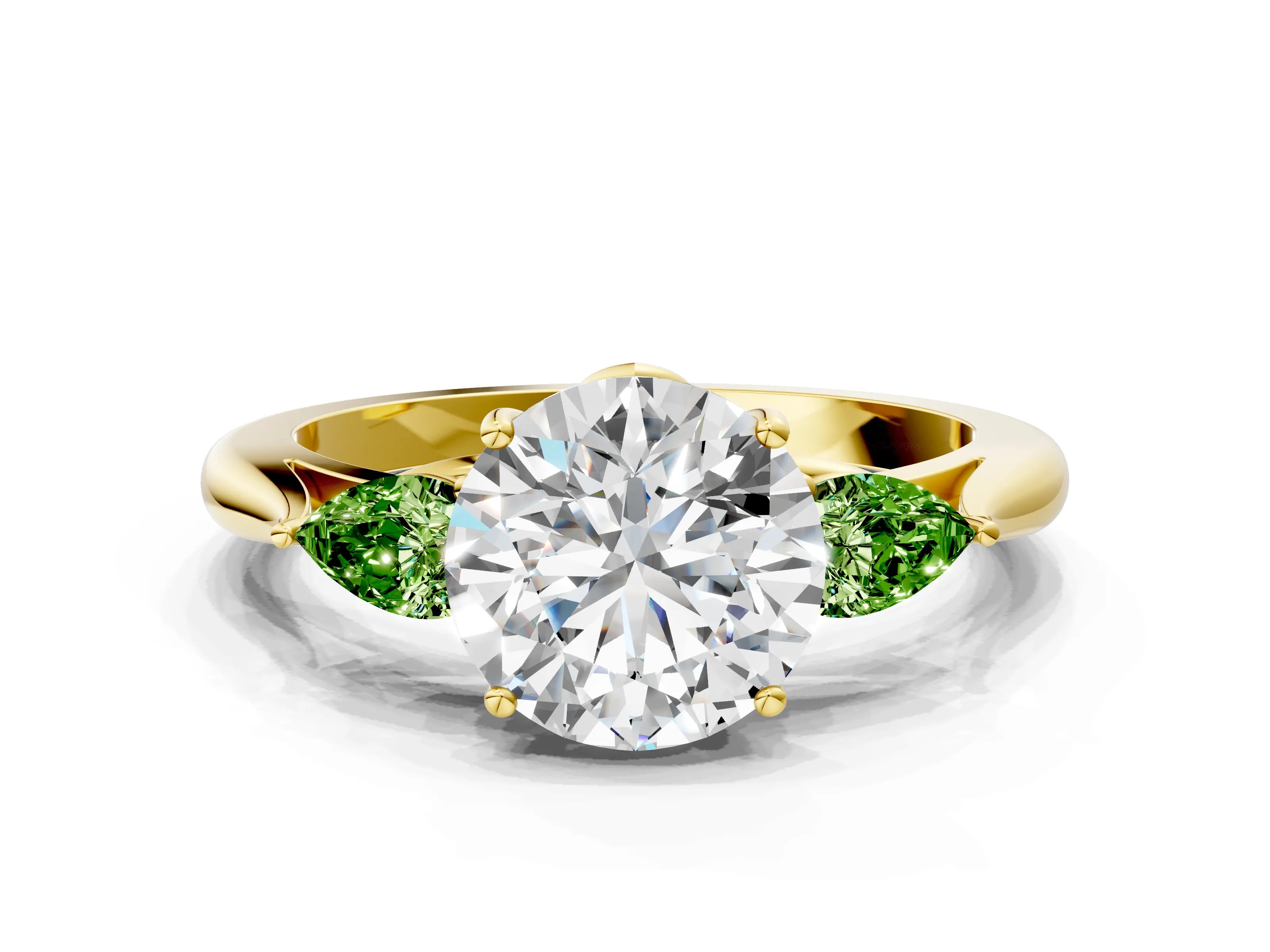 Yellow gold Round Cut Diamond Three-Stone Ring with Pear with Peridot side stone Side Stones and Prong Setting