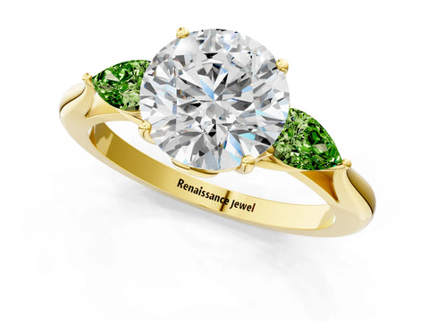 Yellow gold Round Cut Diamond Three-Stone Ring with Pear with Peridot side stone Side Stones and Prong Setting_1