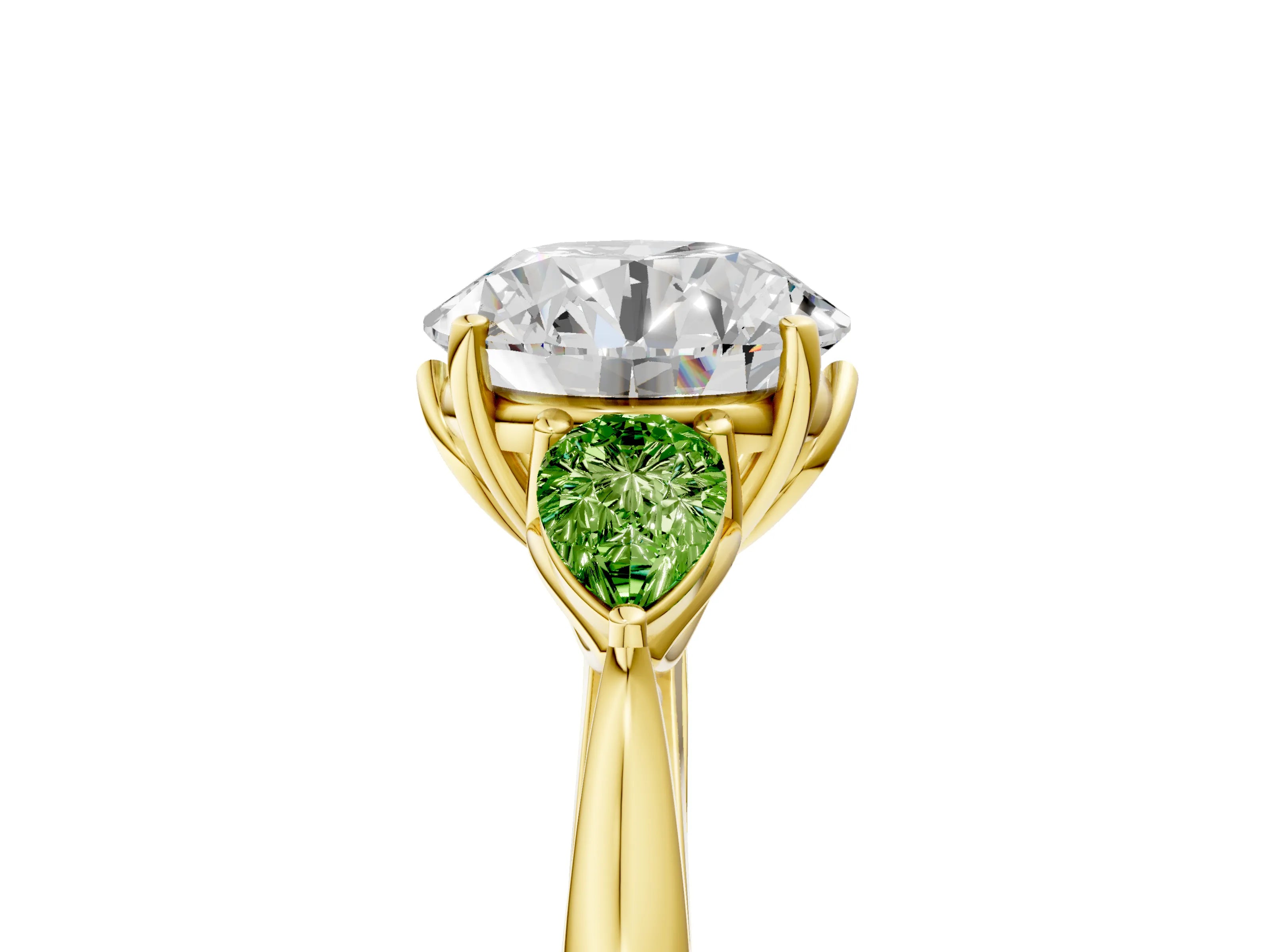 Yellow gold Round Cut Diamond Three-Stone Ring with Pear with Peridot side stone Side Stones and Prong Setting_5