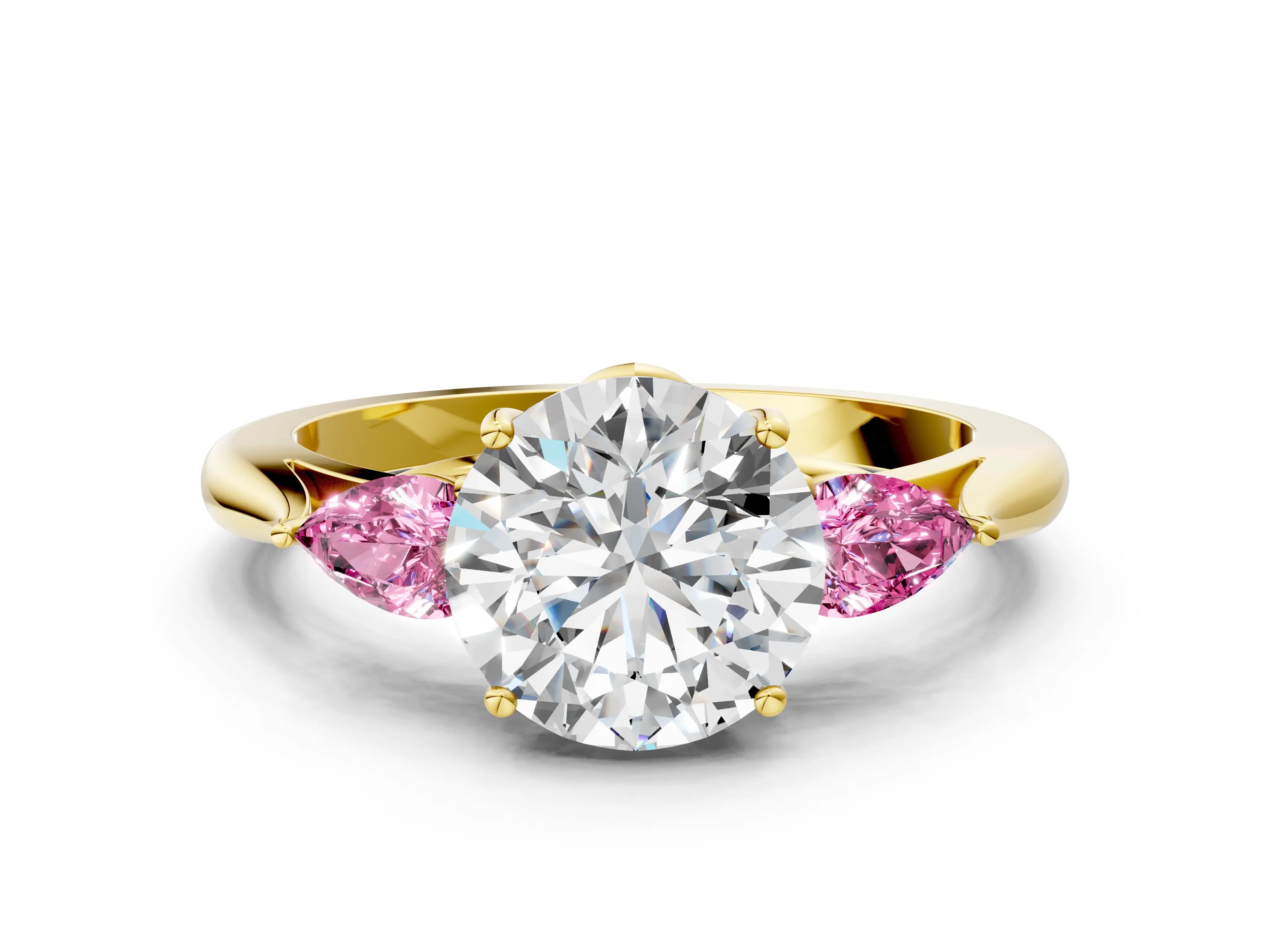 Yellow gold Round Cut Diamond Three-Stone Ring with Pear with Pink Sapphire side stone Side Stones and Prong Setting