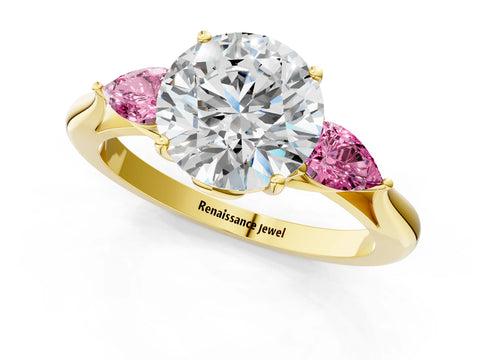Yellow gold Round Cut Diamond Three-Stone Ring with Pear with Pink Sapphire side stone Side Stones and Prong Setting_1