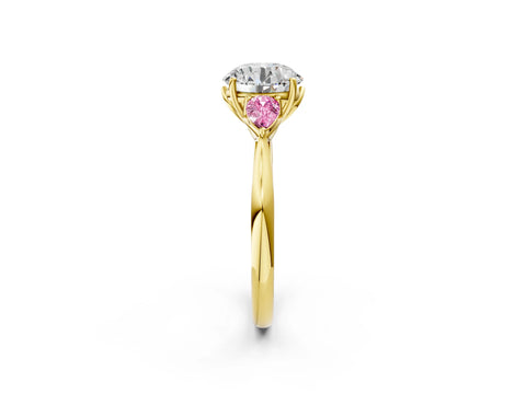 Yellow gold Round Cut Diamond Three-Stone Ring with Pear with Pink Sapphire side stone Side Stones and Prong Setting_2
