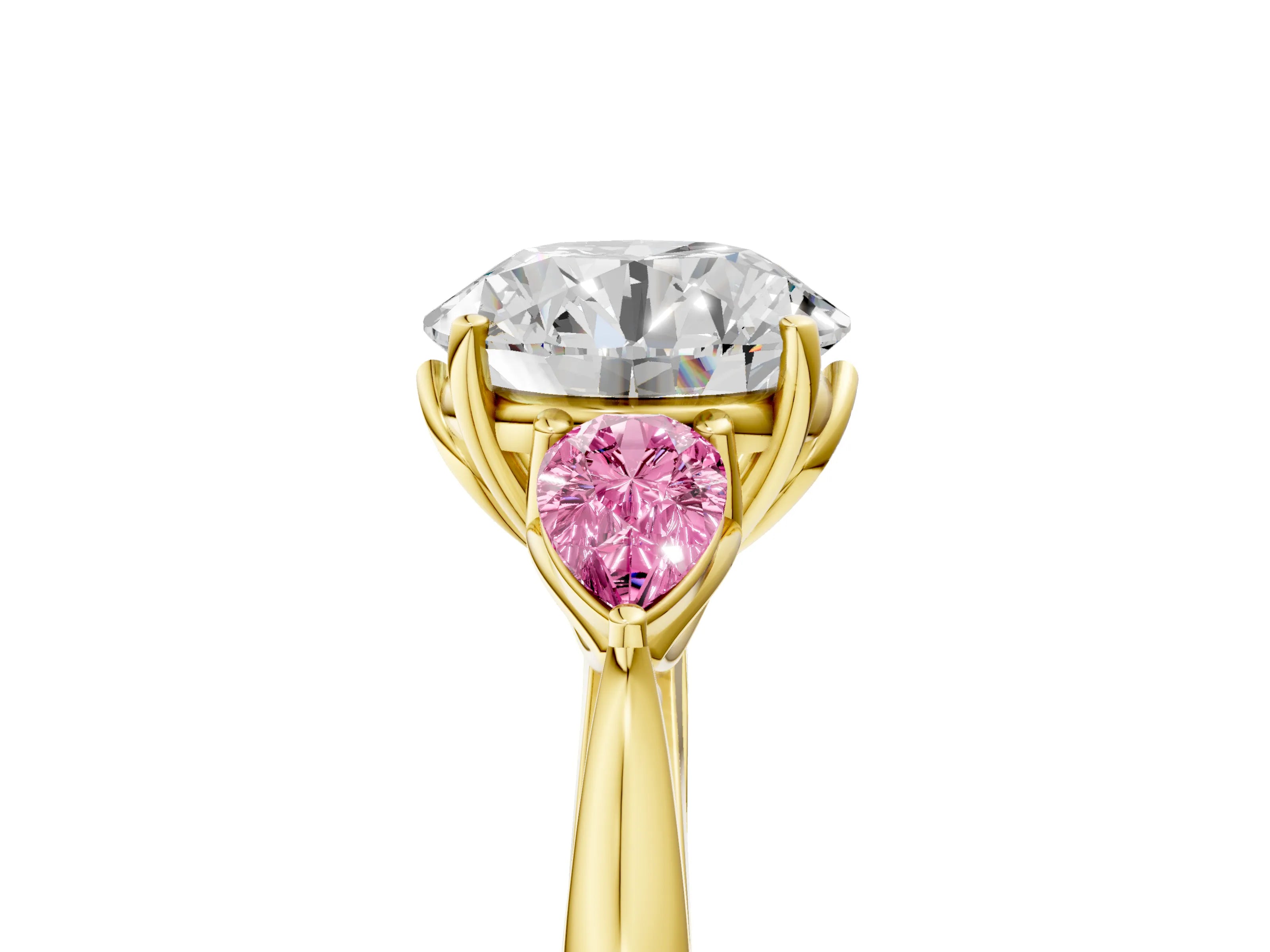 Yellow gold Round Cut Diamond Three-Stone Ring with Pear with Pink Sapphire side stone Side Stones and Prong Setting_5