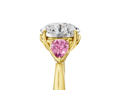 Yellow gold Round Cut Diamond Three-Stone Ring with Pear with Pink Sapphire side stone Side Stones and Prong Setting_5