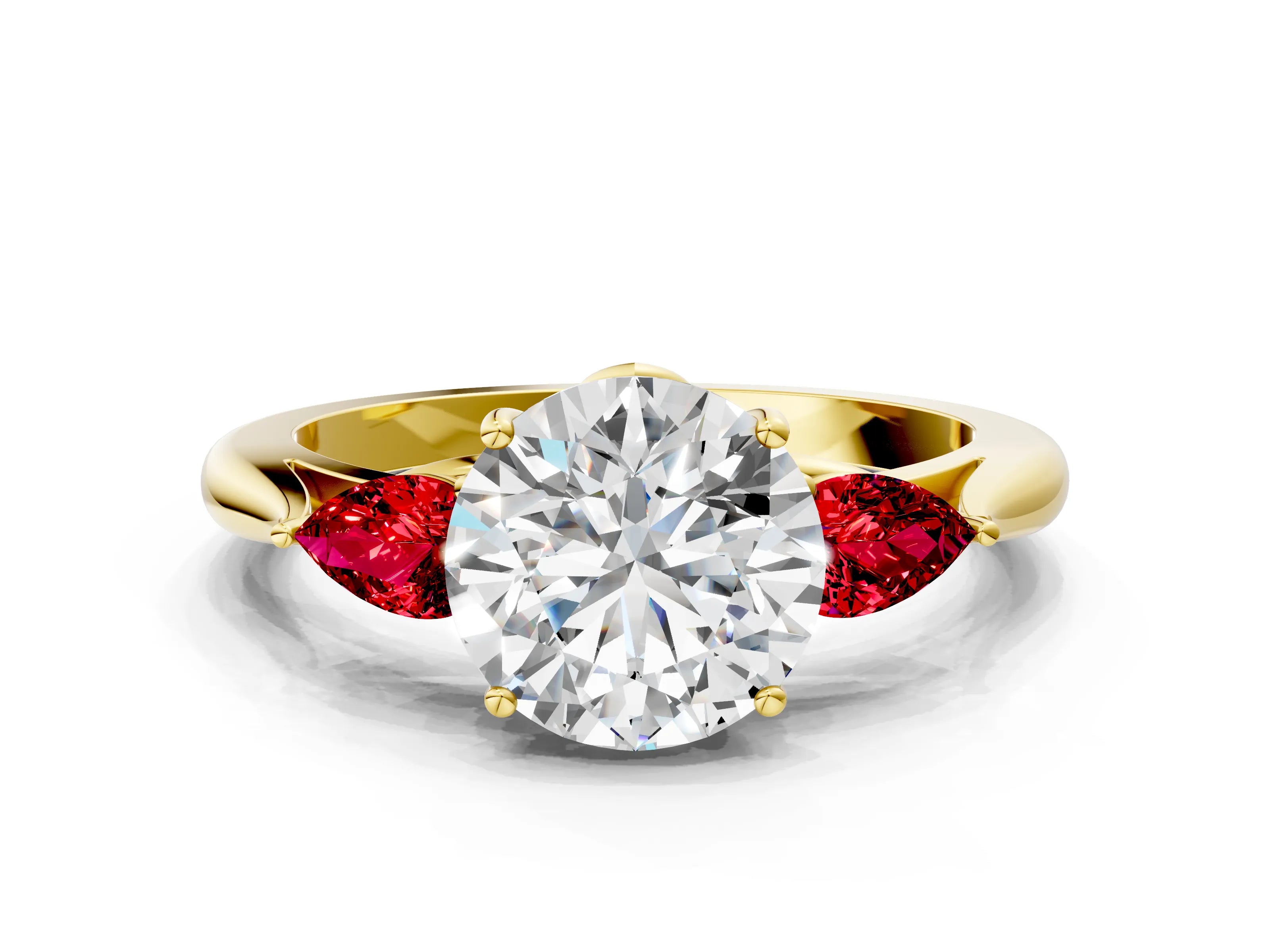 Yellow gold Round Cut Diamond Three-Stone Ring with Pear with Ruby side stone Side Stones and Prong Setting