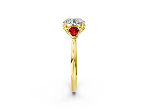 Yellow gold Round Cut Diamond Three-Stone Ring with Pear with Ruby side stone Side Stones and Prong Setting_2
