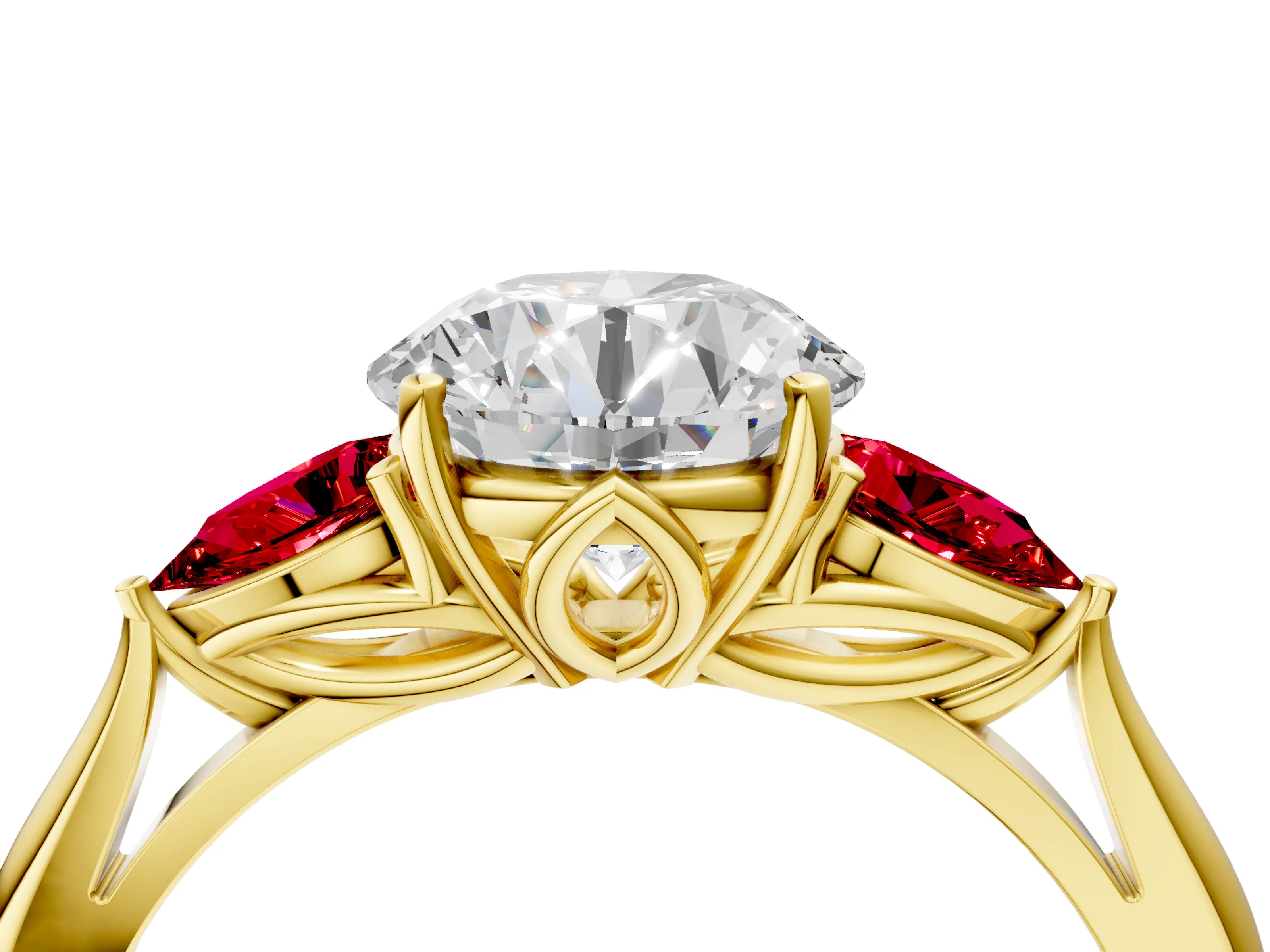 Yellow gold Round Cut Diamond Three-Stone Ring with Pear with Ruby side stone Side Stones and Prong Setting_4