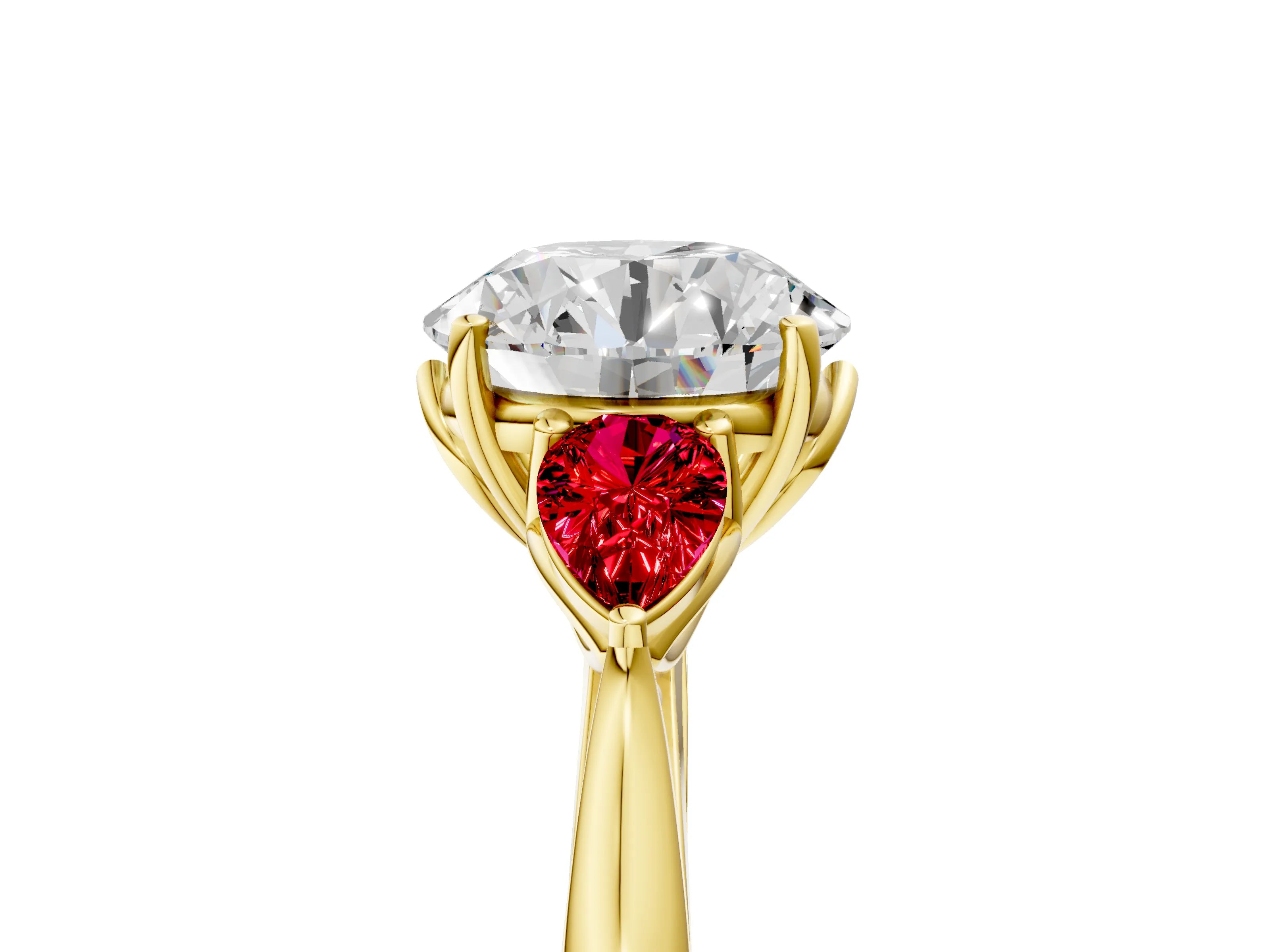 Yellow gold Round Cut Diamond Three-Stone Ring with Pear with Ruby side stone Side Stones and Prong Setting_5