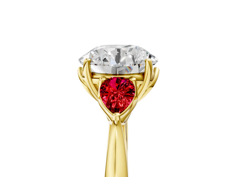 Yellow gold Round Cut Diamond Three-Stone Ring with Pear with Ruby side stone Side Stones and Prong Setting_5