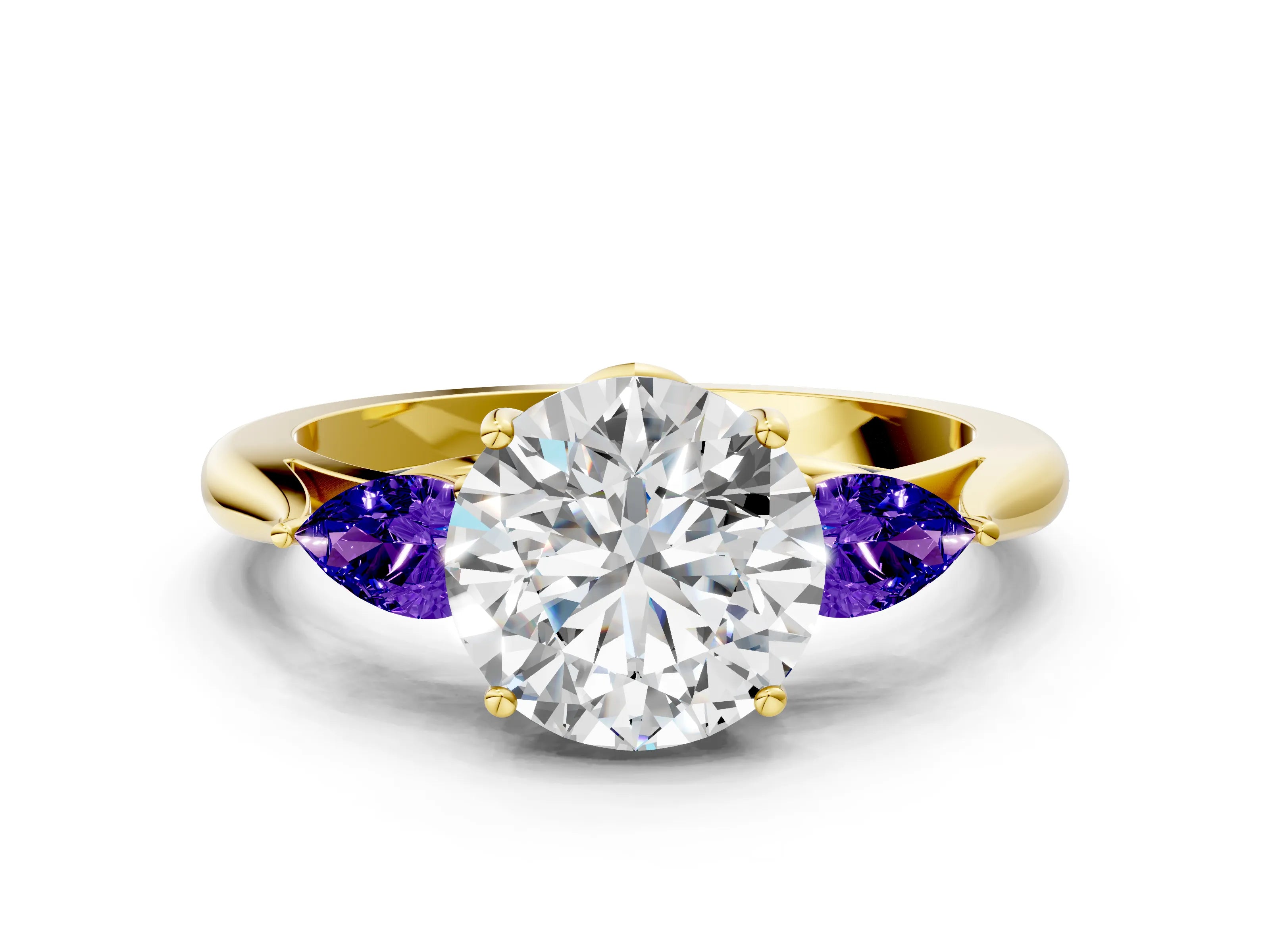 Yellow gold Round Cut Diamond Three-Stone Ring with Pear with Tanzanite side stone Side Stones and Prong Setting