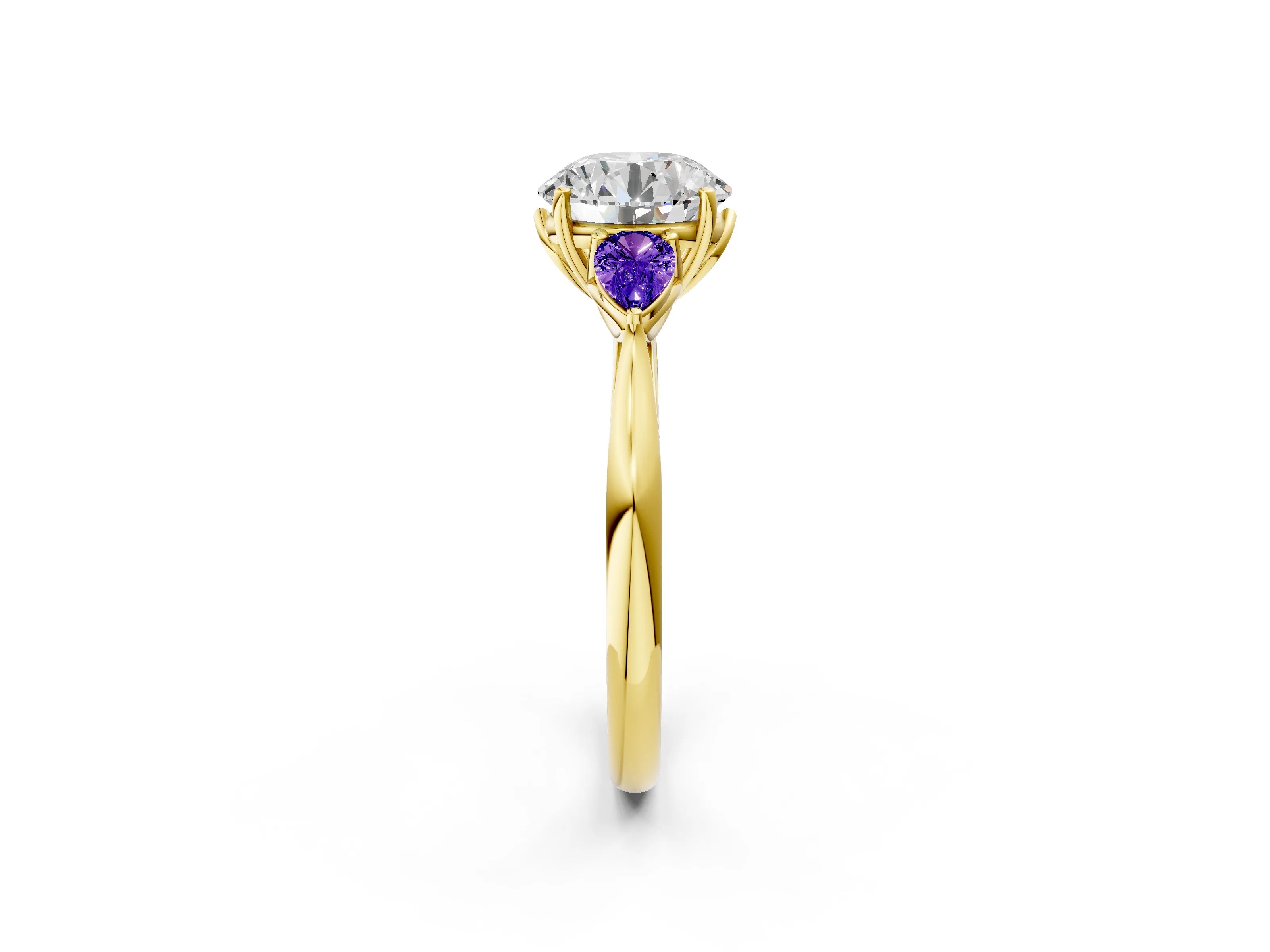Yellow gold Round Cut Diamond Three-Stone Ring with Pear with Tanzanite side stone Side Stones and Prong Setting_2