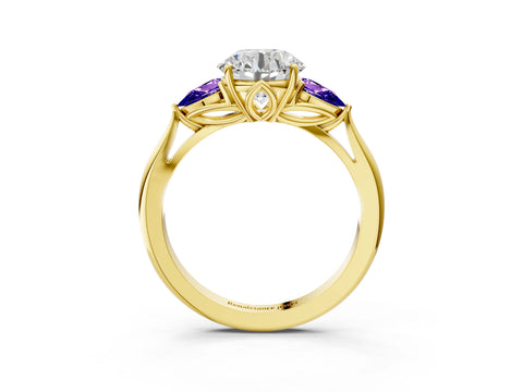 Yellow gold Round Cut Diamond Three-Stone Ring with Pear with Tanzanite side stone Side Stones and Prong Setting_3
