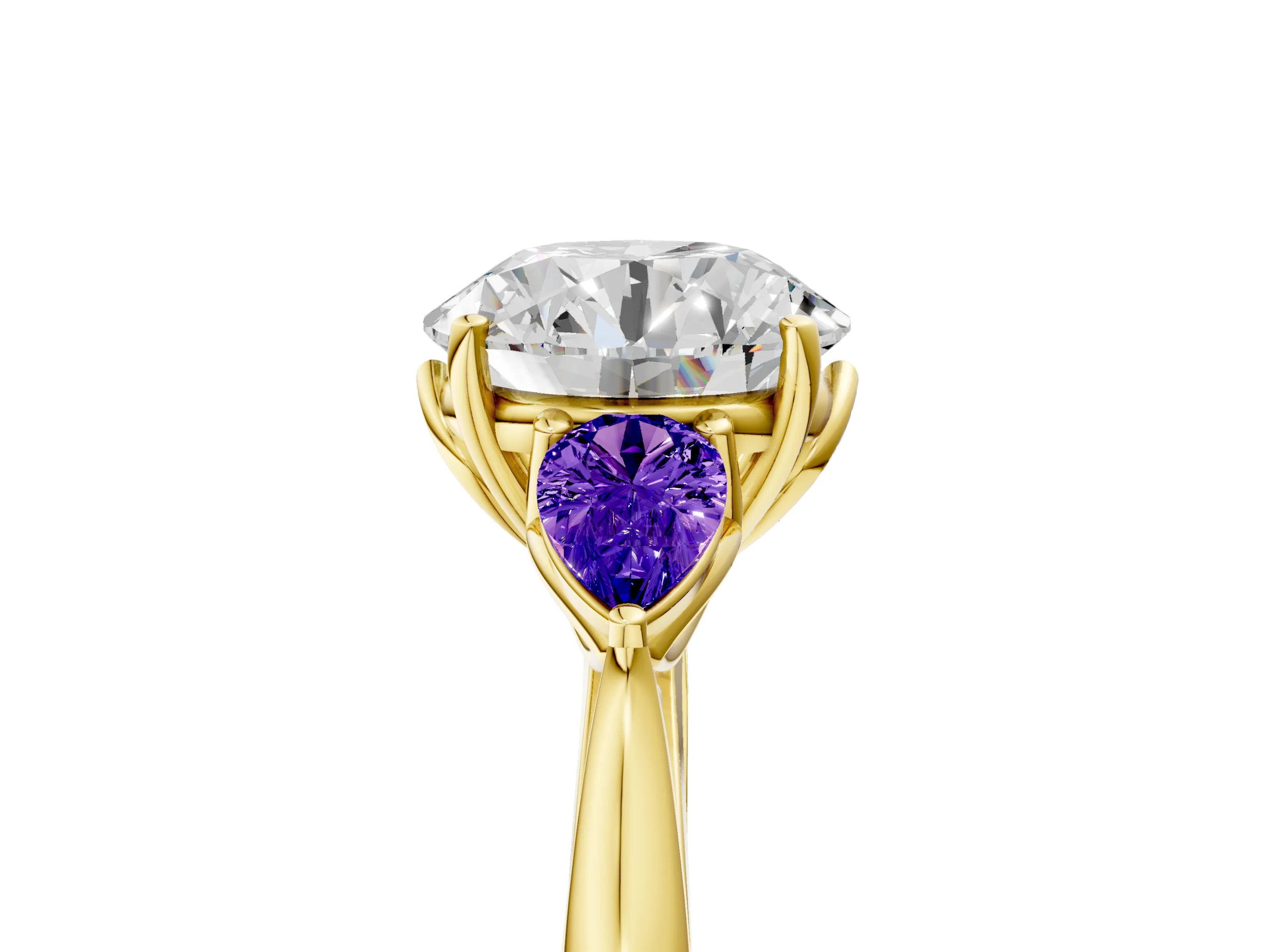 Yellow gold Round Cut Diamond Three-Stone Ring with Pear with Tanzanite side stone Side Stones and Prong Setting_5