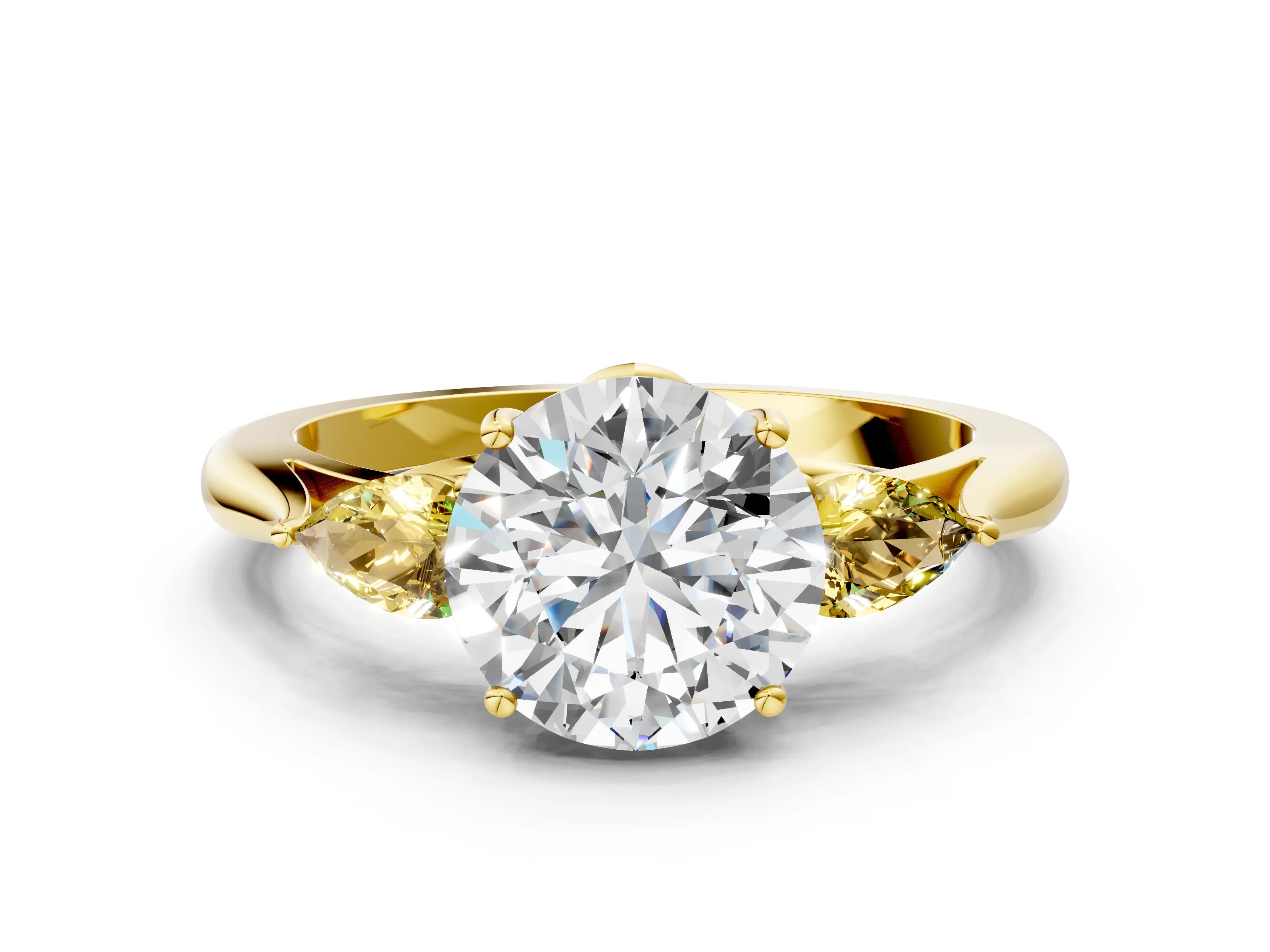 Yellow gold Round Cut Diamond Three-Stone Ring with Pear with Yellow Sapphire side stone Side Stones and Prong Setting