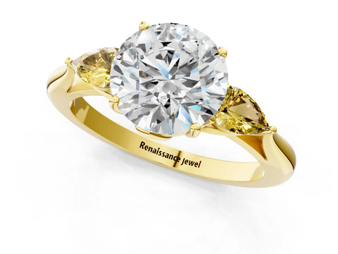Yellow gold Round Cut Diamond Three-Stone Ring with Pear with Yellow Sapphire side stone Side Stones and Prong Setting_1