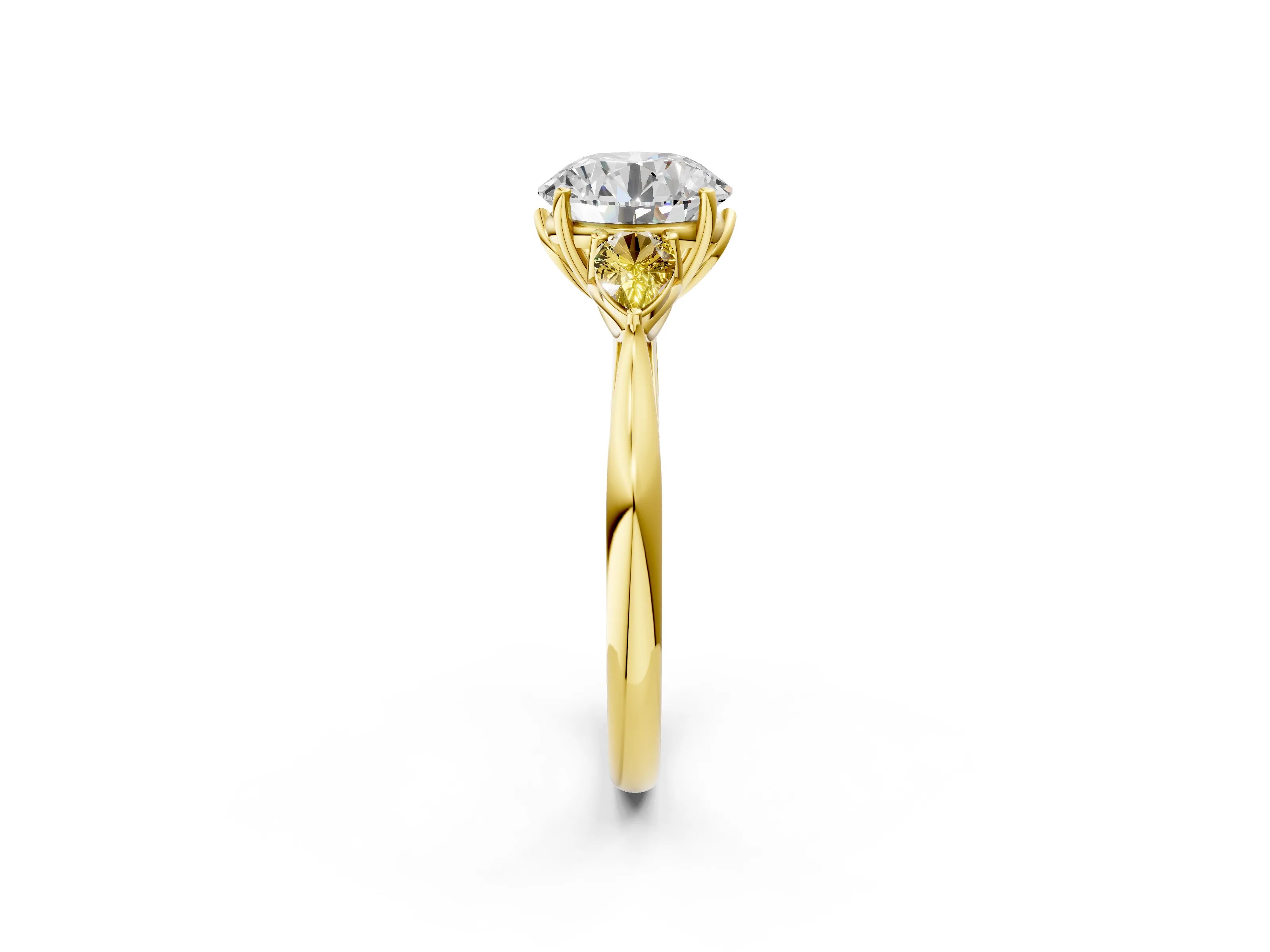 Yellow gold Round Cut Diamond Three-Stone Ring with Pear with Yellow Sapphire side stone Side Stones and Prong Setting_2