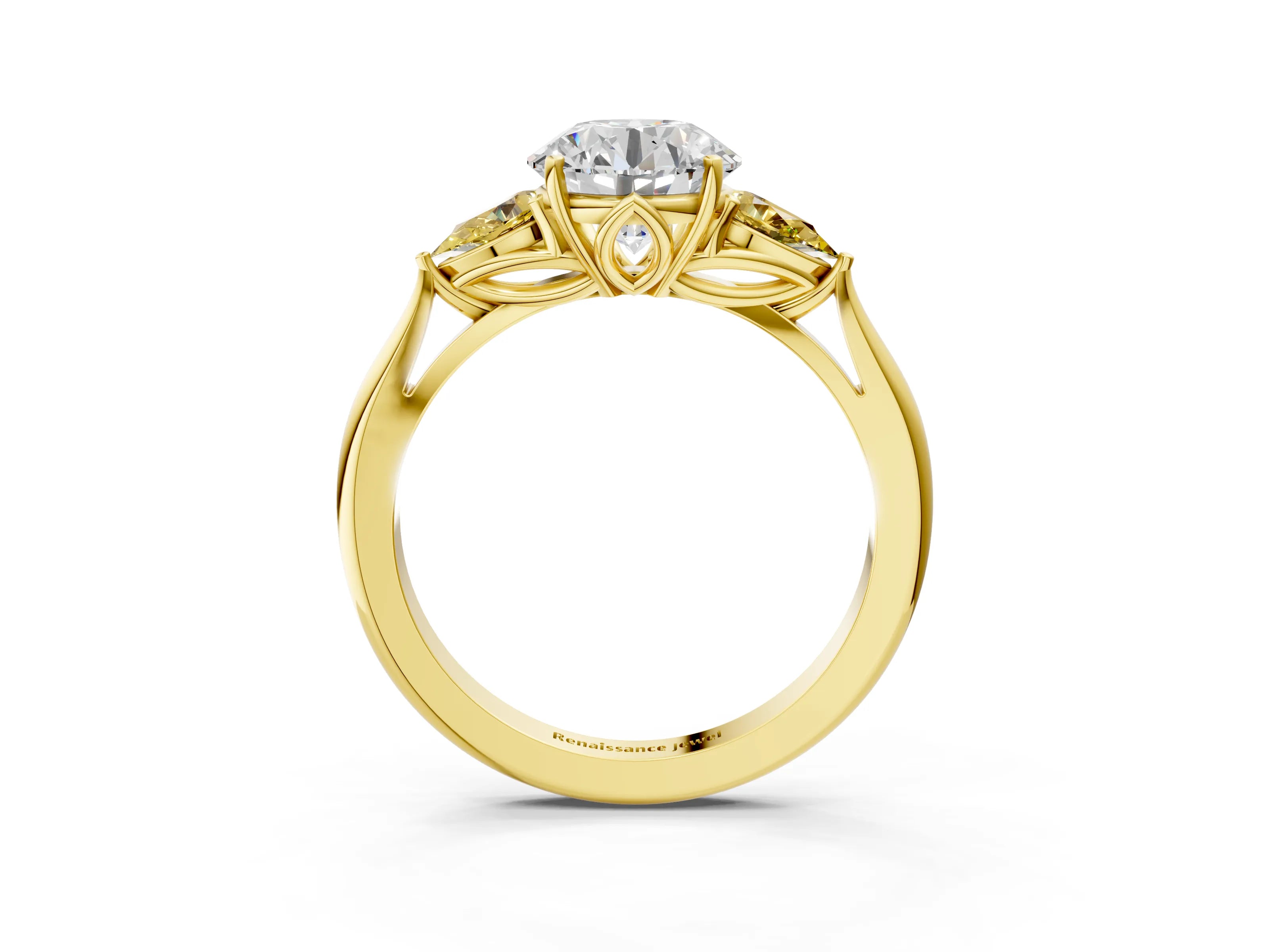 Yellow gold Round Cut Diamond Three-Stone Ring with Pear with Yellow Sapphire side stone Side Stones and Prong Setting_3