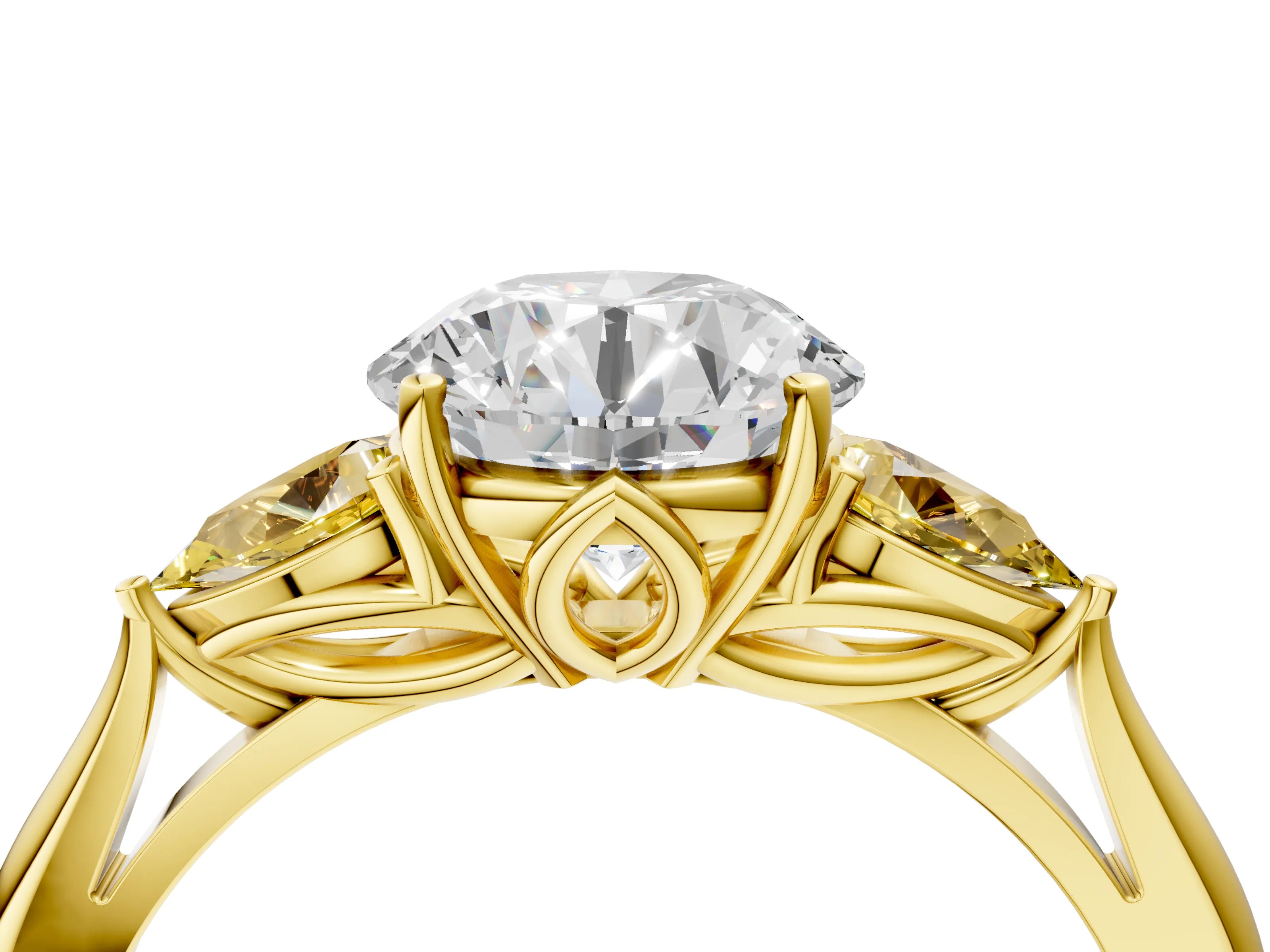 Yellow gold Round Cut Diamond Three-Stone Ring with Pear with Yellow Sapphire side stone Side Stones and Prong Setting_4