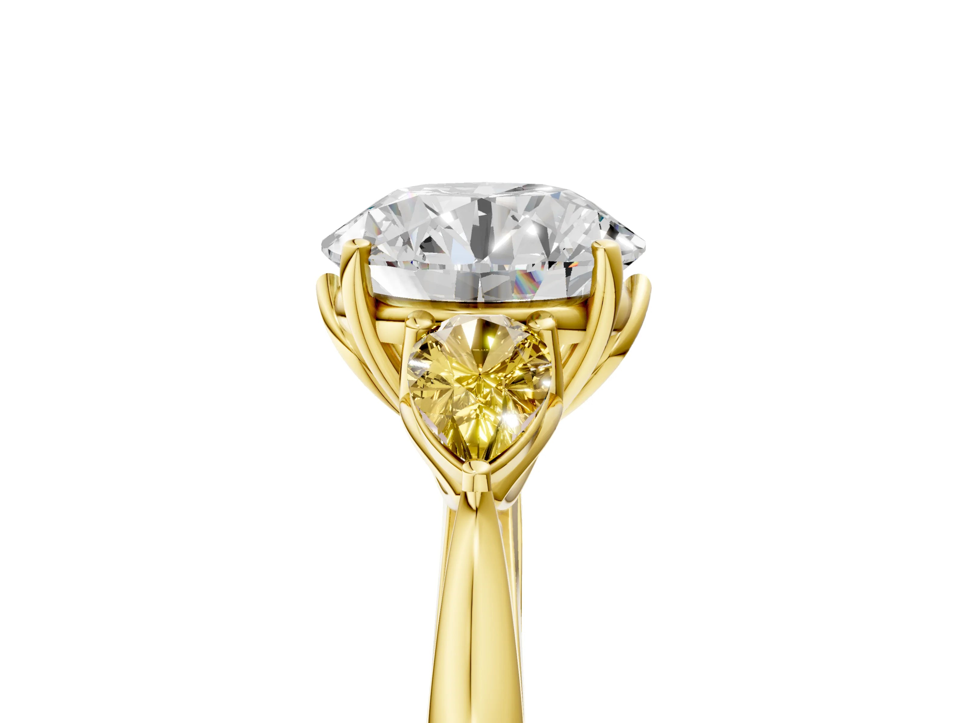Yellow gold Round Cut Diamond Three-Stone Ring with Pear with Yellow Sapphire side stone Side Stones and Prong Setting_5