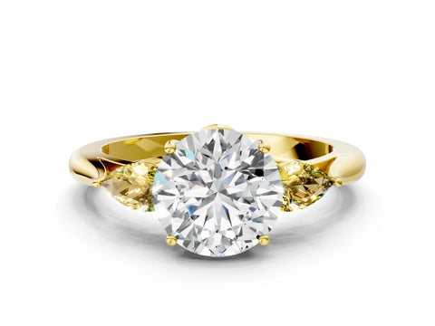 Yellow gold Round Cut Diamond Three-Stone Ring with Pear with Yellow Sapphire side stone Side Stones and Prong Setting