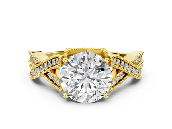 Yellow gold Round Cut Diamond Twisted Band with Milgrain Pave Setting and Four-Prong Setting