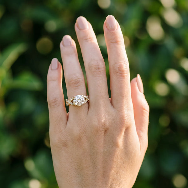 Yellow gold Emerald Cut Cut Diamond Twisted Band with Milgrain Pave Setting and Four-Prong Setting