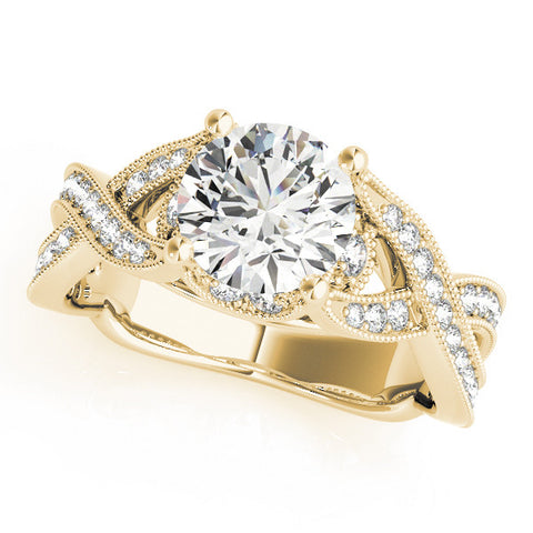 Yellow gold Round Cut Diamond Twisted Band with Milgrain Pave Setting and Four-Prong Setting