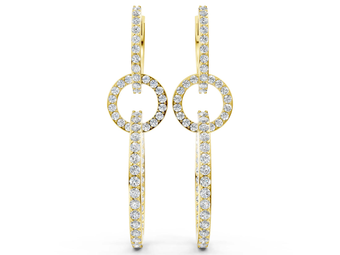 Yellow gold Round Cut Diamond Twisted Link Drop Earrings