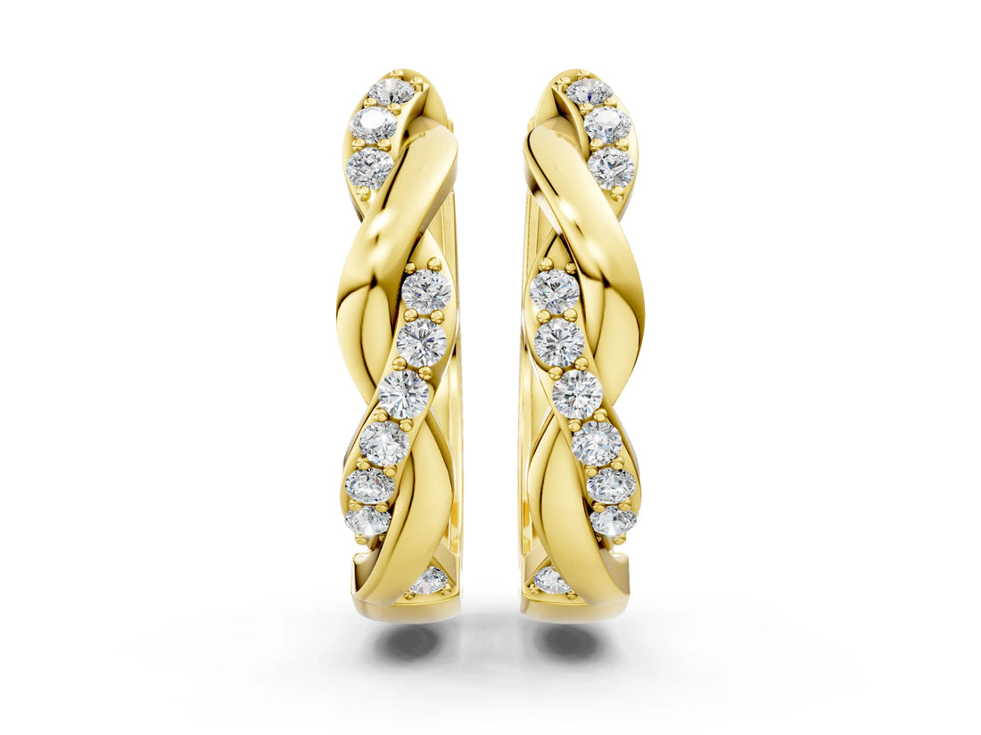 Yellow gold Round Cut Diamond Twisted Pavé Hoop Earrings_14