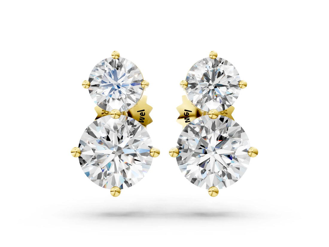 Yellow gold Round Cut Diamond Two Stone Stud Earrings