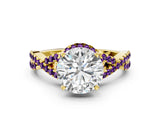 Yellow gold Round Cut Diamond with Amethyst side stone Halo Twist Band Solitaire Prong Setting Ring_24
