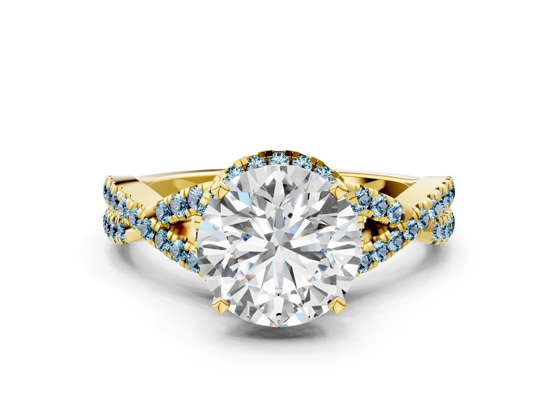 Yellow gold Round Cut Diamond with Aquamarine side stone Halo Twist Band Solitaire Prong Setting Ring_12