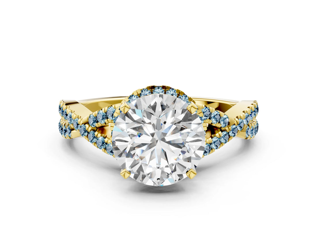 Yellow gold Round Cut Diamond with Aquamarine side stone Halo Twist Band Solitaire Prong Setting Ring_24