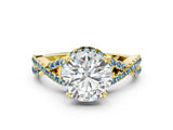 Yellow gold Round Cut Diamond with Aquamarine side stone Halo Twist Band Solitaire Prong Setting Ring_24