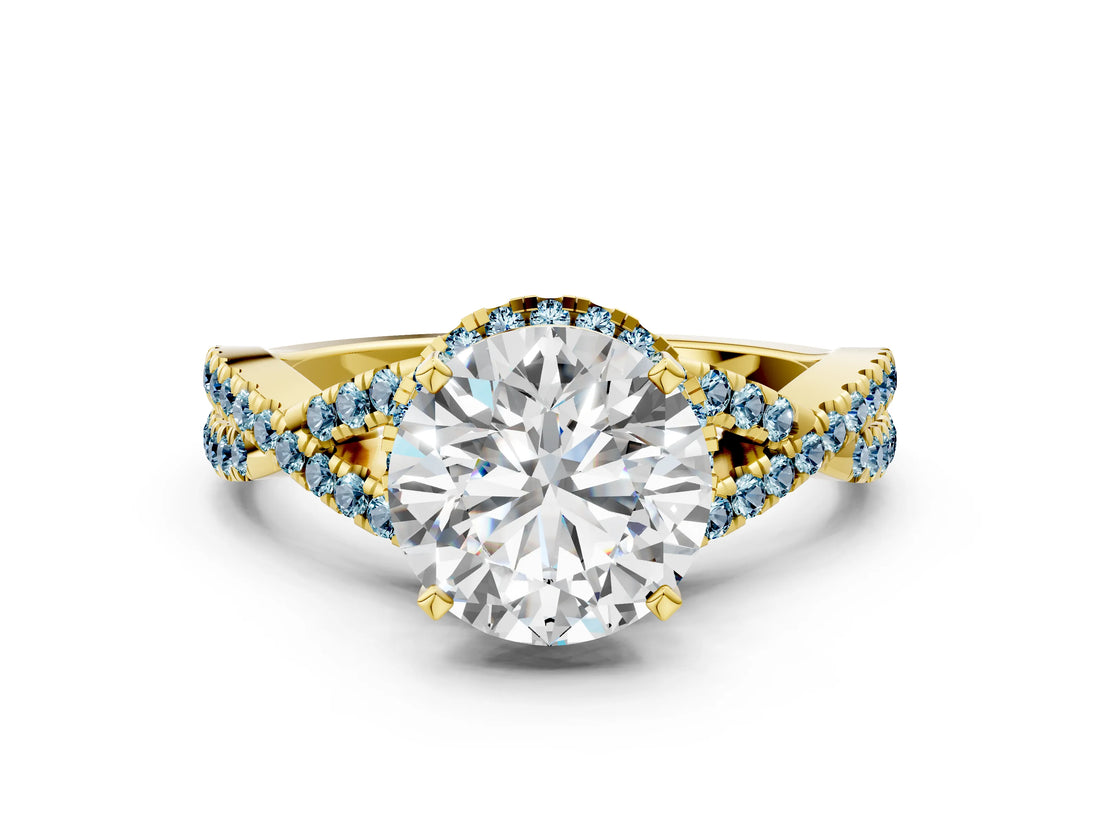 Yellow gold Round Cut Diamond with Aquamarine side stone Halo Twist Band Solitaire Prong Setting Ring_36