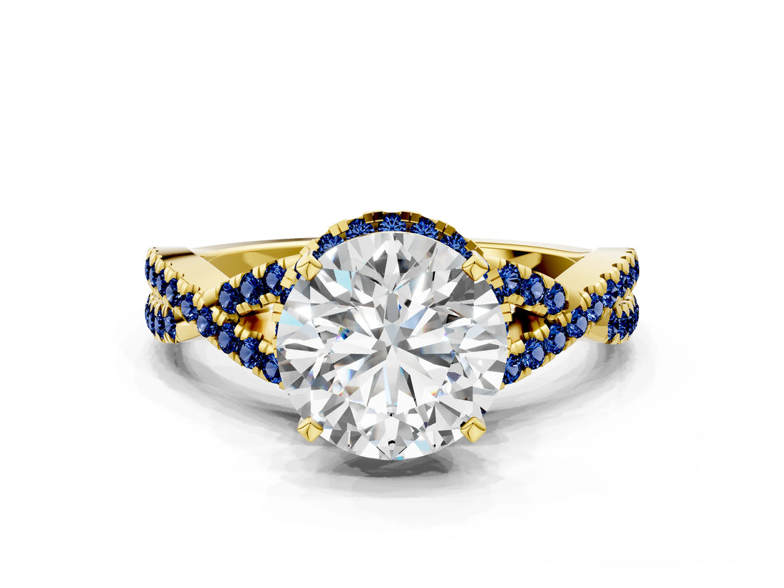 Yellow gold Round Cut Diamond with Blue Sapphire side stone Halo Twist Band Solitaire Prong Setting Ring_12