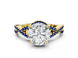 Yellow gold Round Cut Diamond with Blue Sapphire side stone Halo Twist Band Solitaire Prong Setting Ring_12