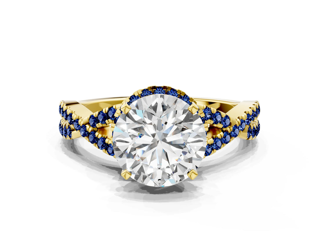 Yellow gold Round Cut Diamond with Blue Sapphire side stone Halo Twist Band Solitaire Prong Setting Ring_36
