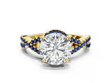 Yellow gold Round Cut Diamond with Blue Sapphire side stone Halo Twist Band Solitaire Prong Setting Ring_36