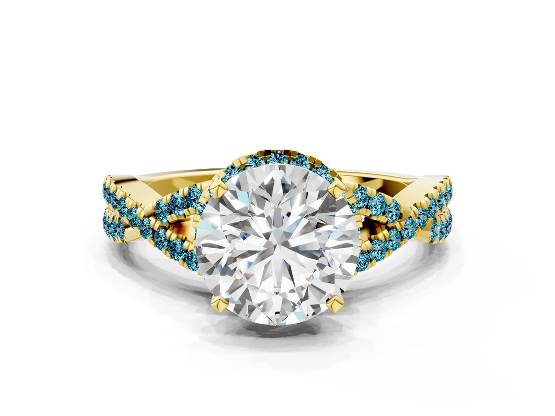 Yellow gold Round Cut Diamond with Blue Topaz side stone Halo Twist Band Solitaire Prong Setting Ring_12