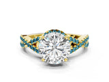 Yellow gold Round Cut Diamond with Blue Topaz side stone Halo Twist Band Solitaire Prong Setting Ring_12