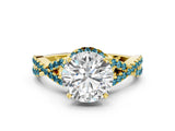 Yellow gold Round Cut Diamond with Blue Topaz side stone Halo Twist Band Solitaire Prong Setting Ring_36
