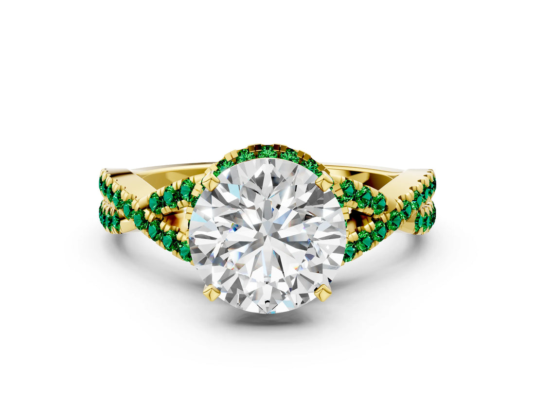 Yellow gold Round Cut Diamond with Emerald side stone Halo Twist Band Solitaire Prong Setting Ring_24