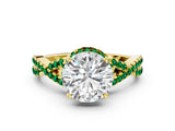 Yellow gold Round Cut Diamond with Emerald side stone Halo Twist Band Solitaire Prong Setting Ring_24