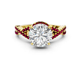 Yellow gold Round Cut Diamond with Garnet side stone Halo Twist Band Solitaire Prong Setting Ring_36