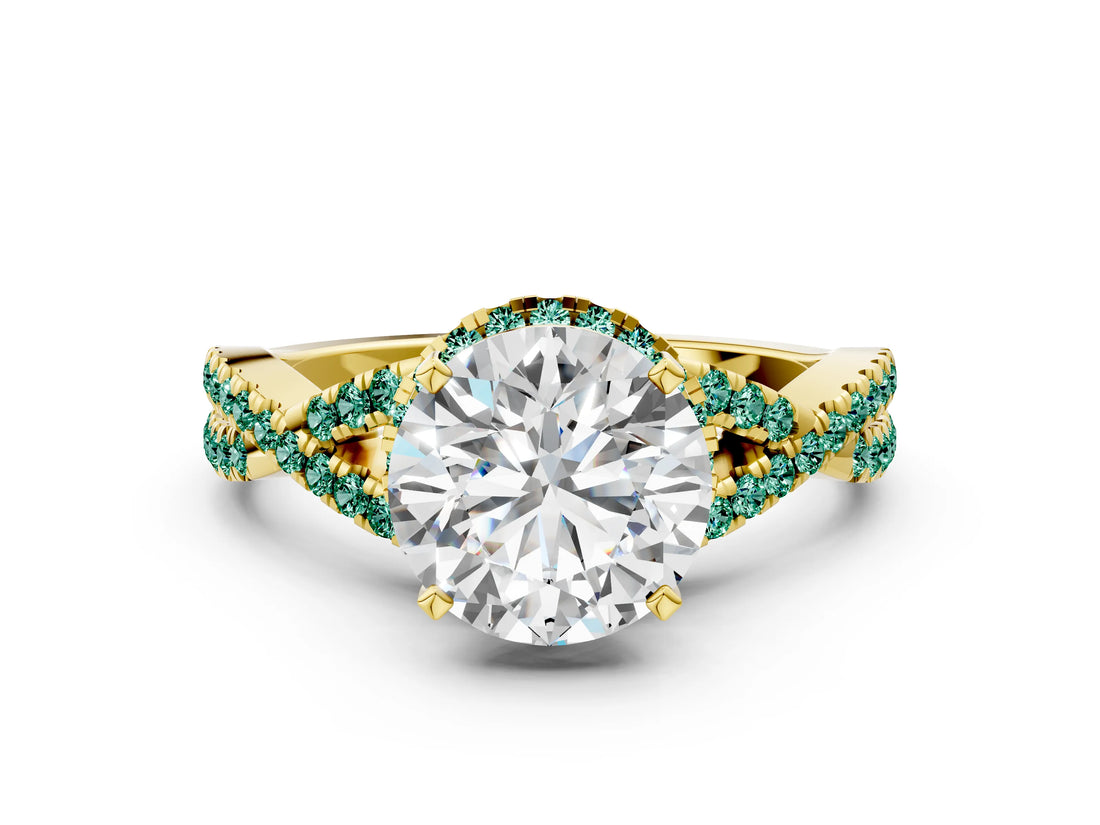 Yellow gold Round Cut Diamond with Green Sapphire side stone Halo Twist Band Solitaire Prong Setting Ring_24