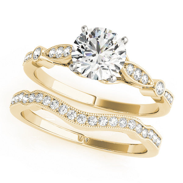 Yellow gold Round Cut Diamond with Milgrain Marquise and Bezel Accents on a Solitaire Band with Prong Setting 1