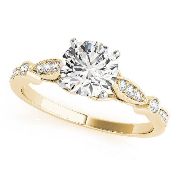 Yellow gold Round Cut Diamond with Milgrain Marquise and Bezel Accents on a Solitaire Band with Prong Setting