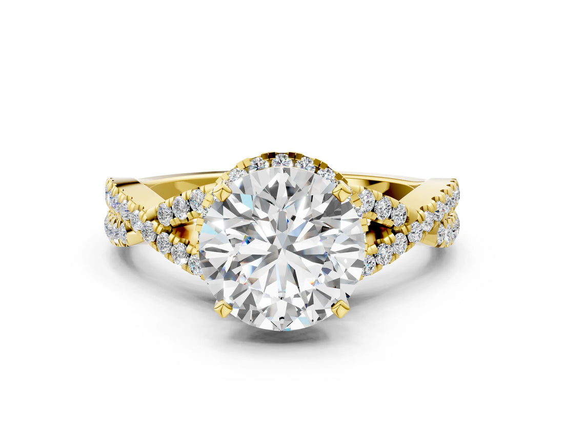 Yellow gold Round Cut Diamond with Moissanite side stone Halo Twist Band Solitaire Prong Setting Ring_12