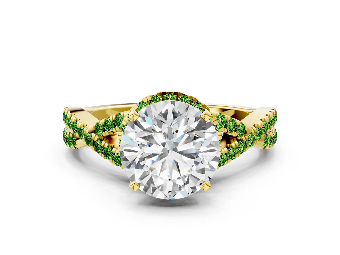 Yellow gold Round Cut Diamond with Peridot side stone Halo Twist Band Solitaire Prong Setting Ring_12